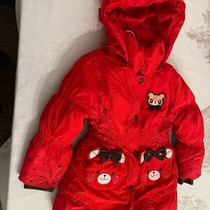 Y2K Red Hooded Children's Coat with Bear Pockets